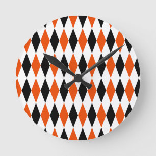 Horloge Ronde Motif diamants Harlequin orange noir et blanc 