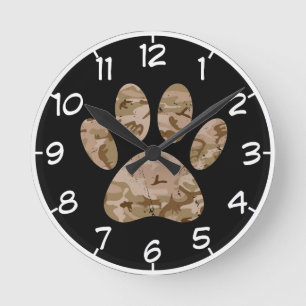 Horloge Ronde Motif empreinte de patte de chien camouflage déser