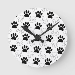 Horloge Ronde Motif Empreinte de patte de chien noir et blanc