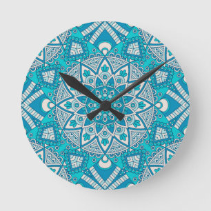 Horloge Ronde Motif en tuiles bleu mandala