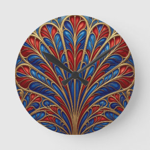 Horloge Ronde Motif éventail paon orné rouge bleu or royal