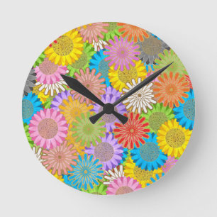 Horloge Ronde Motif Fleur Hippy Chaotique Coloré Lumineux