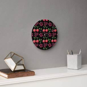 Horloge Ronde Motif floral à cerise rouge 