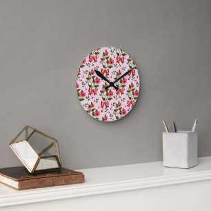 Horloge Ronde Motif floral à nœud papillon cerise mignon