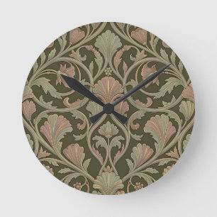 Horloge Ronde Motif Floral Art Nouveau Vert Foncé Rose Vintage