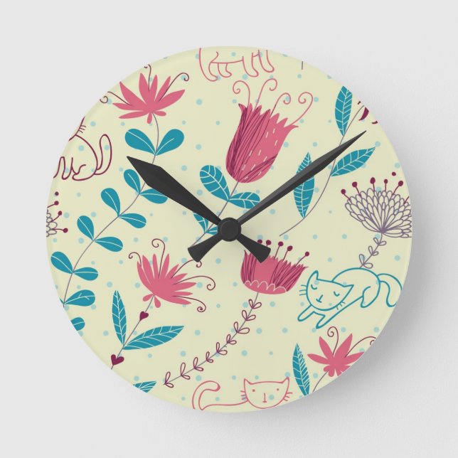 Horloge Ronde Motif floral avec des chats de bande dessinée (Recto)