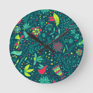 Horloge Ronde Motif floral avec oiseaux de caricature