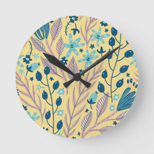 Horloge Ronde Motif floral bleu botanique moderne sur beige