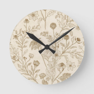 Horloge Ronde Motif floral de dessin botanique en sépia antique