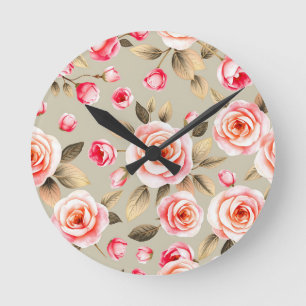 Horloge Ronde Motif floral de rose rose romantique