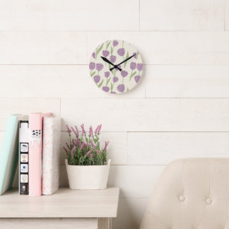 Horloge Ronde Motif floral de tulipes violettes
