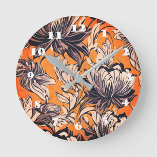 Horloge Ronde Motif floral élégant noir et blanc sur fond doré m