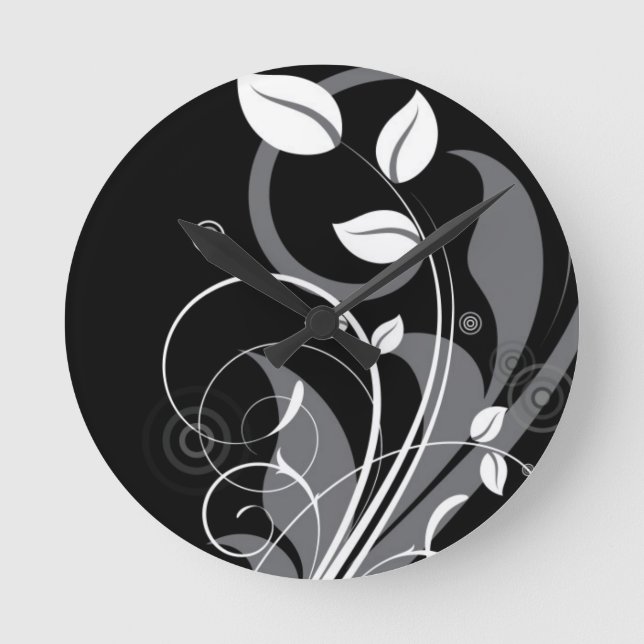 Horloge Ronde Motif floral gris sur le noir (Recto)
