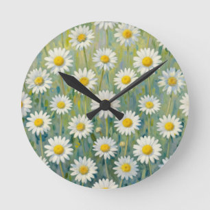 Horloge Ronde Motif floral impressionniste de prairie de pâquere
