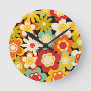 Horloge Ronde Motif Floral Mignon Rétro Couleurs Vives