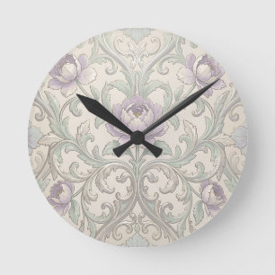 Horloge Ronde Motif floral orné de pivoine argentée lavande