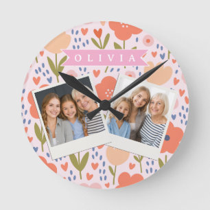 Horloge Ronde Motif floral personnalisé folk mignon nordique ros