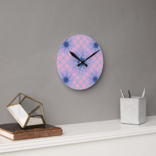 Horloge Ronde Motif floral violet bleu pastel esthétique sans co