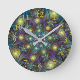 Horloge Ronde Motif fractal bleu moderne éclairé
