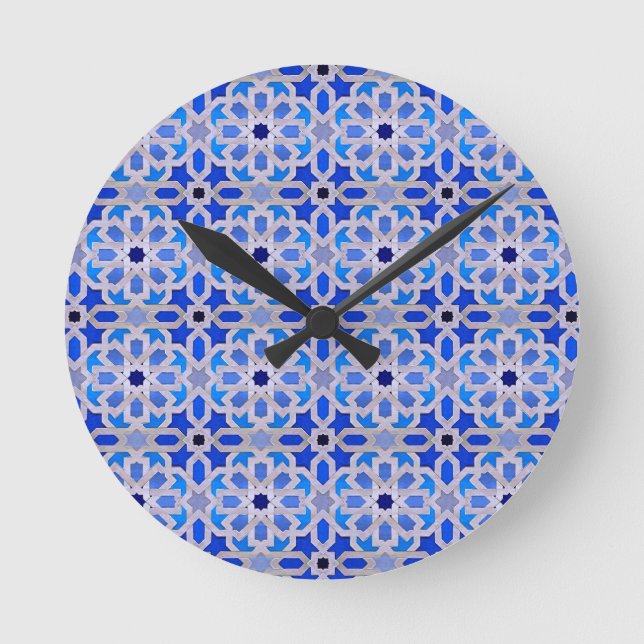 Horloge Ronde Motif géométrique bleu marocain (Recto)