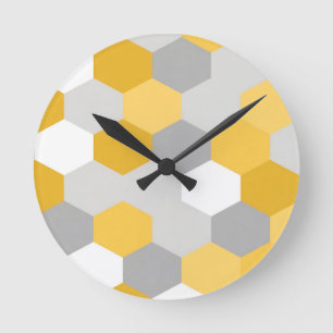 Horloge Ronde Motif géométrique hexagonal gris jaune