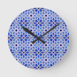 Horloge Ronde Motif géométrique marocain bleu