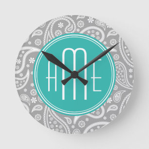 Horloge Ronde Motif gris floral chic de Paisley et monogramme