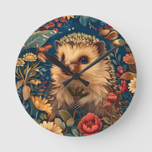 Horloge Ronde Motif Hérisson Floral de Jardin de Forêt Vintage