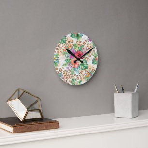 Horloge Ronde Motif imprimé léopard floral tropical
