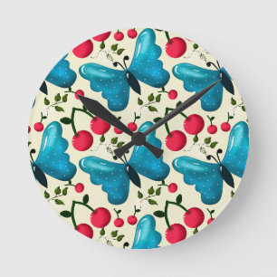 Horloge Ronde Motif joli papillon Cerise, Fruit Kawaii brillant