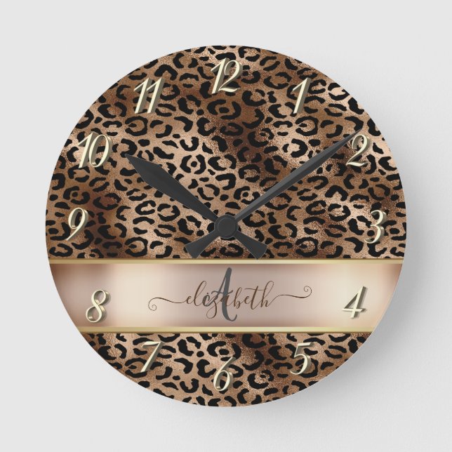 Horloge Ronde Motif léopard Bronze Noir Monogramme (Recto)