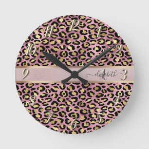 Horloge Ronde Motif léopard Monogramme Or rose Noir