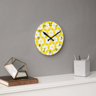 Horloge Ronde Motif Marguerites Jaunes et Blanches et Points