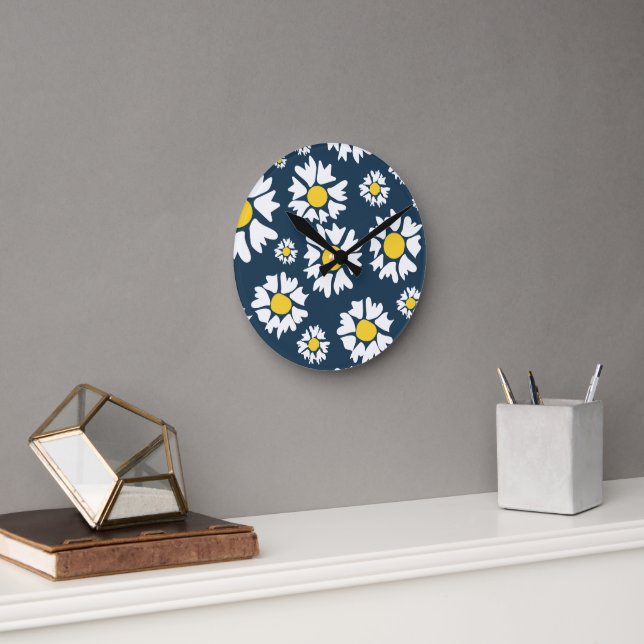 Horloge Ronde Motif marguerrier, motif floral, marguerites blanc (Bureau)