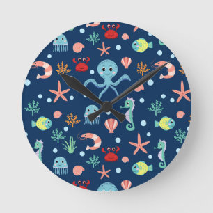 Horloge Ronde Motif mignon de vie marine de l'océan