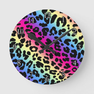 Horloge Ronde Motif Neon Rainbow Leopard Imprimer