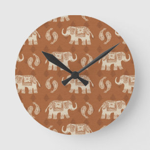 Horloge Ronde Motif orange de caravane d'éléphant