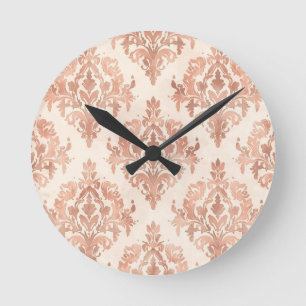 Horloge Ronde Motif ornemental aquarelle damassé pêche chaud