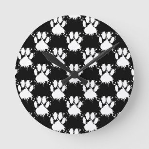 Horloge Ronde Motif Paw Chien Blanc Avec Paint Splatter