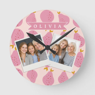 Horloge Ronde Motif personnalisé de poire rose joli fruit fémini