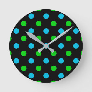 Horloge Ronde Motif Points noirs bleus et verts sur fond noir 