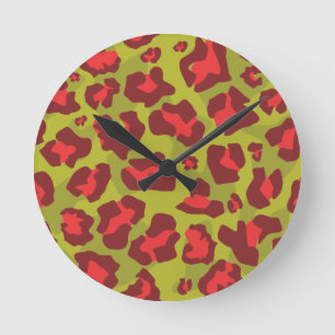Horloge Ronde Motif poster de animal léopard en rouge, vert oliv