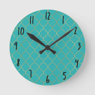 Horloge Ronde Motif Quatrefeuille Turquoise et Or