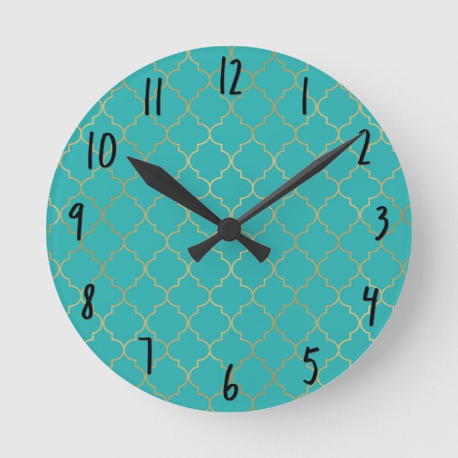 Horloge Ronde Motif Quatrefeuille Turquoise et Or (Recto)