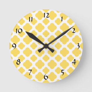 Horloge Ronde Motif Quatrefoil jaune citron et blanc