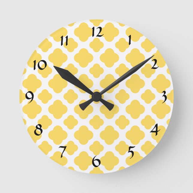 Horloge Ronde Motif Quatrefoil jaune citron et blanc (Recto)