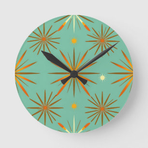 Horloge Ronde Motif rétro en étoile éclatée sarcelle orange