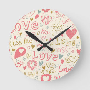 Horloge Ronde Motif romantique avec des coeurs et des lèvres