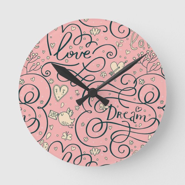 Horloge Ronde Motif romantique avec des coeurs et des oiseaux (Recto)
