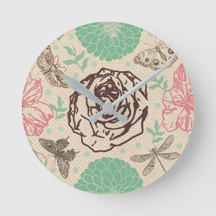 Horloge Ronde Motif Rose Vintage de libellules